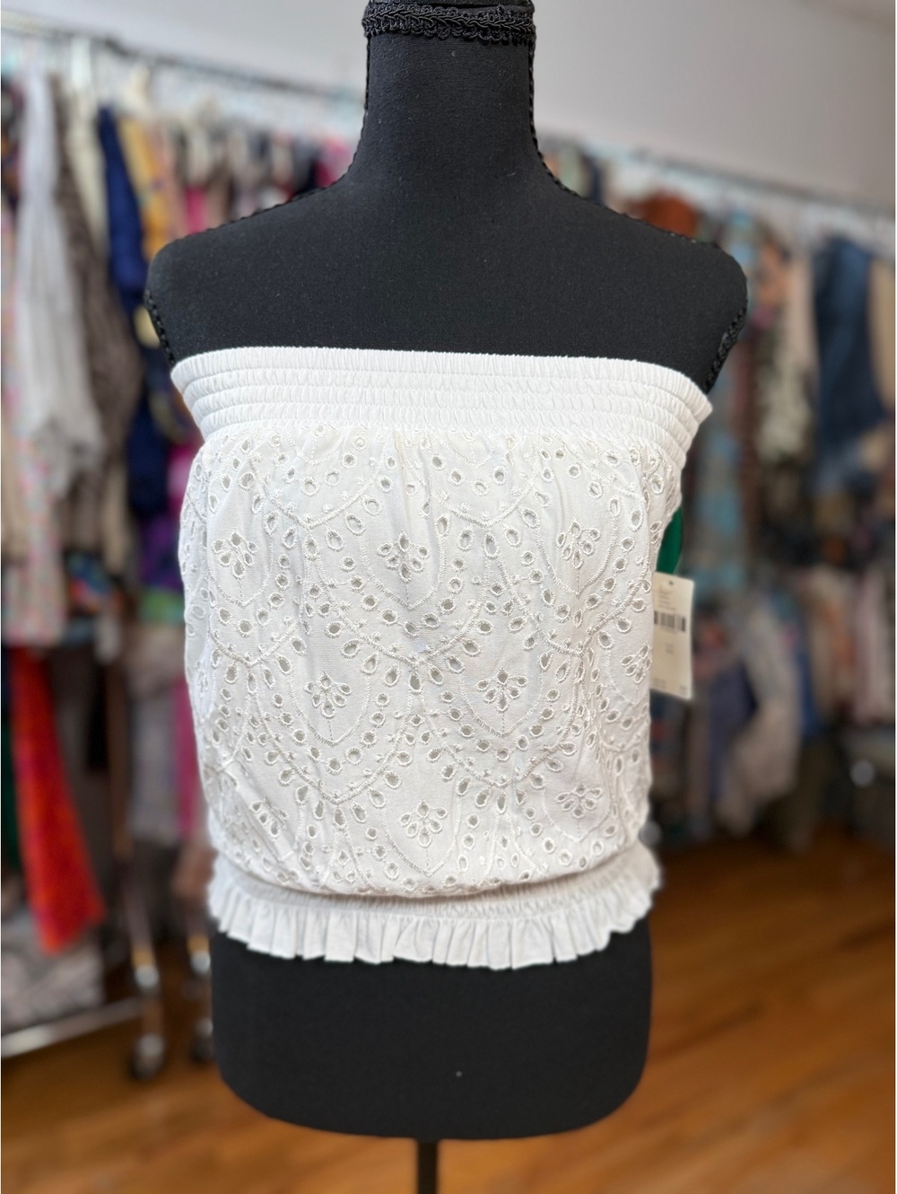 ANTHROPOLOGIE White Eyelet Smocked Strapless Tube Top NWT